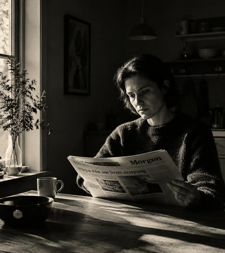 Person som läser morgontidning i morgonljus